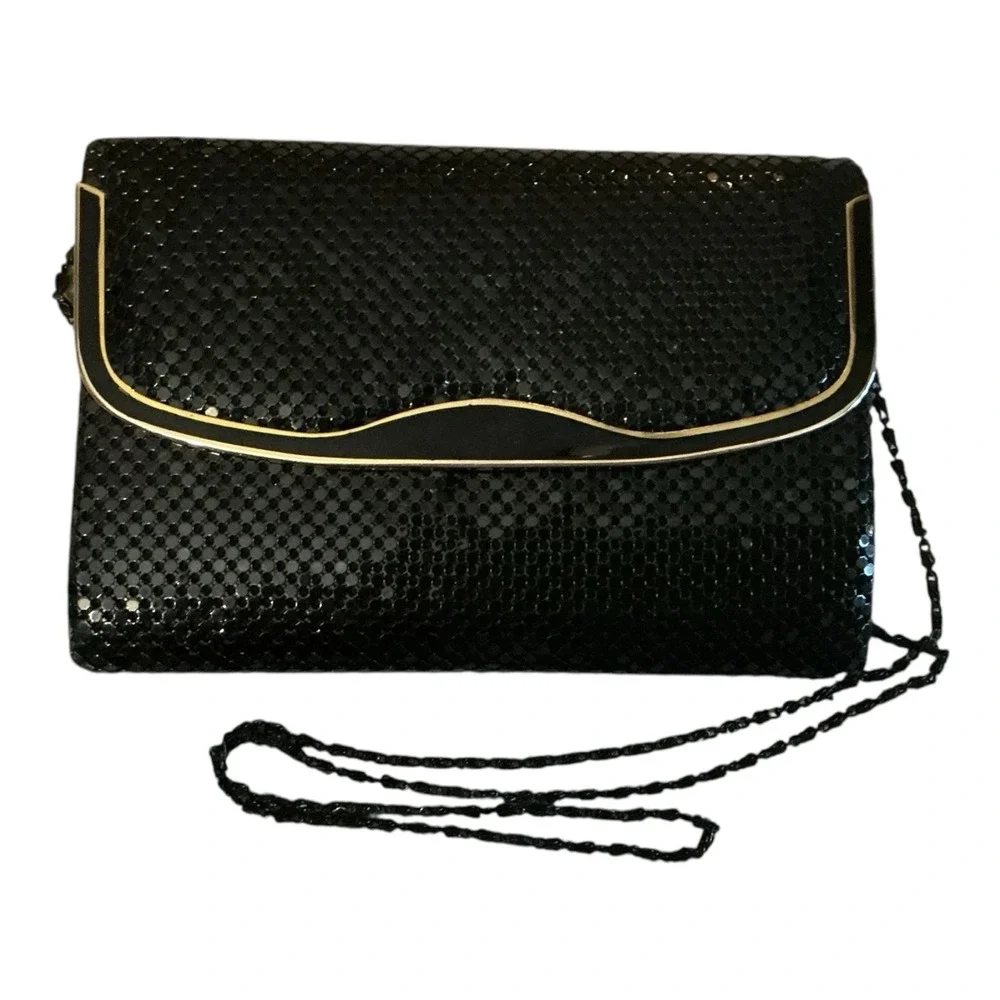 Vintage Metal Mesh Clutch Gold Trim w/ Beade Chain Envelope Style Disco Cocktail